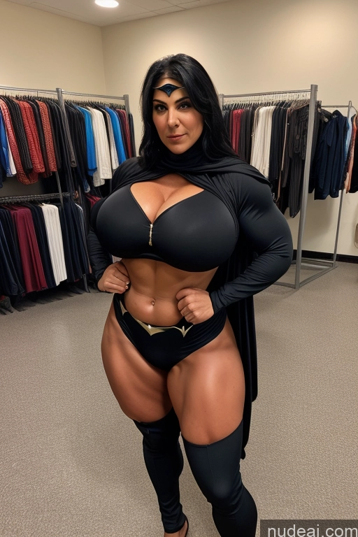 ai nude image of araffe woman in a black outfit posing in a clothing store pics of Thick Huge Boobs Superhero Big Hips Big Ass Muscular Middle Eastern Milf Suit Black Hair