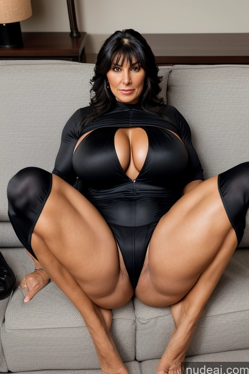 ai nude image of araffe woman in a black bodysuit sitting on a couch pics of Thick Huge Boobs Superhero Big Hips Big Ass Muscular Middle Eastern Milf Suit Black Hair Couch Spreading Legs