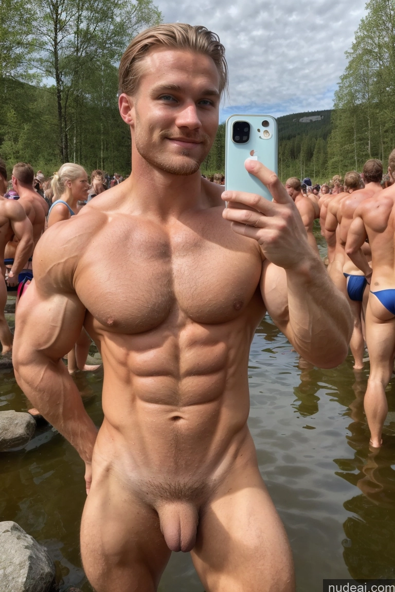 ai nude image of arafed man taking a selfie in a river with a phone pics of Hairy Women Pubic Hair Muscular Several 20s Scandinavian Mirror Selfie Lake Bodybuilder Perfect Boobs