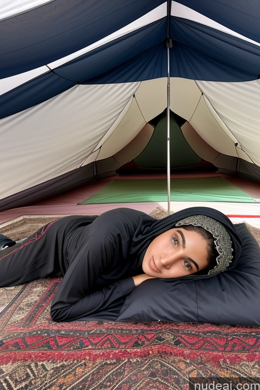 ai nude image of woman laying on a rug in front of a tent with a black and white blanket pics of 18 Niqab Arabic Tent On Back