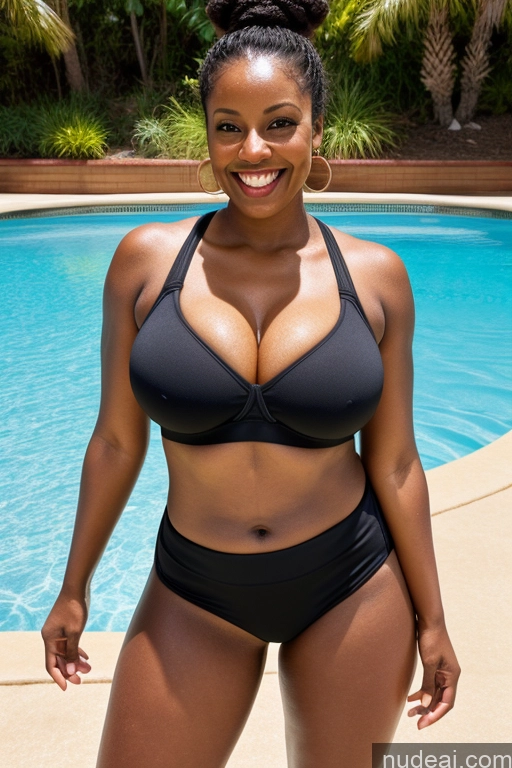 ai nude image of there is a woman in a black bikini posing by a pool pics of One Busty Beautiful Big Hips Brunette Detailed Bright Lighting Perfect Boobs Hair Bun Dark Skin Laughing Milf 40s Short Shorts Sports Bra Pool Black Sports