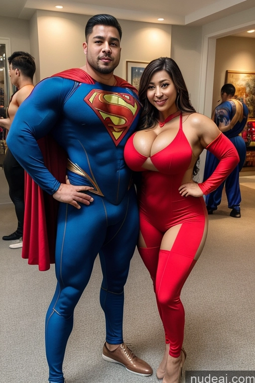 ai nude image of araffes and a man dressed as superman and a woman in a red dress pics of Thick Huge Boobs Big Hips Big Ass Muscular Superhero Suit Chinese Woman + Man