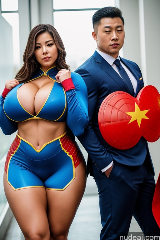 ai nude image of araffes in a suit and tie posing with a woman in a superhero costume pics of Thick Huge Boobs Big Hips Big Ass Muscular Superhero Suit Chinese Woman + Man