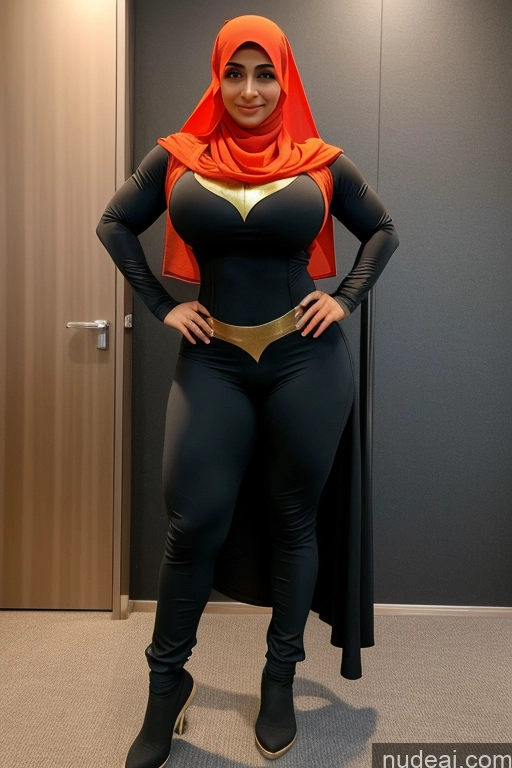 ai nude image of araffe woman in a black and orange costume posing for a picture pics of Thick Huge Boobs Big Hips Big Ass Muscular Superhero Suit Arabic Niqab