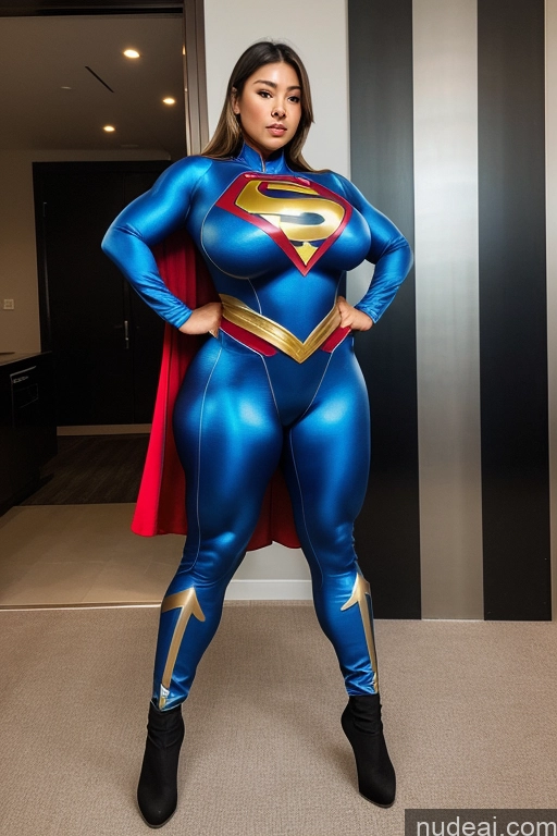 ai nude image of araffe woman in a blue superman suit posing for a picture pics of Thick Huge Boobs Big Hips Big Ass Muscular Superhero Suit Mongolian