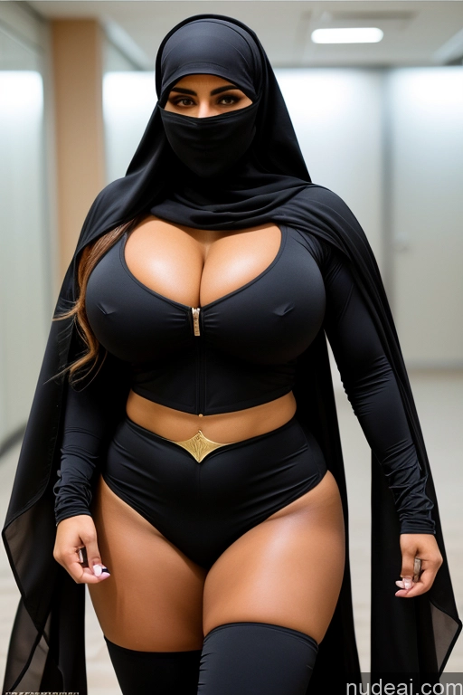 ai nude image of araffe dressed in a black outfit and a black cape pics of Thick Huge Boobs Big Hips Big Ass Muscular Superhero Suit Arabic Niqab