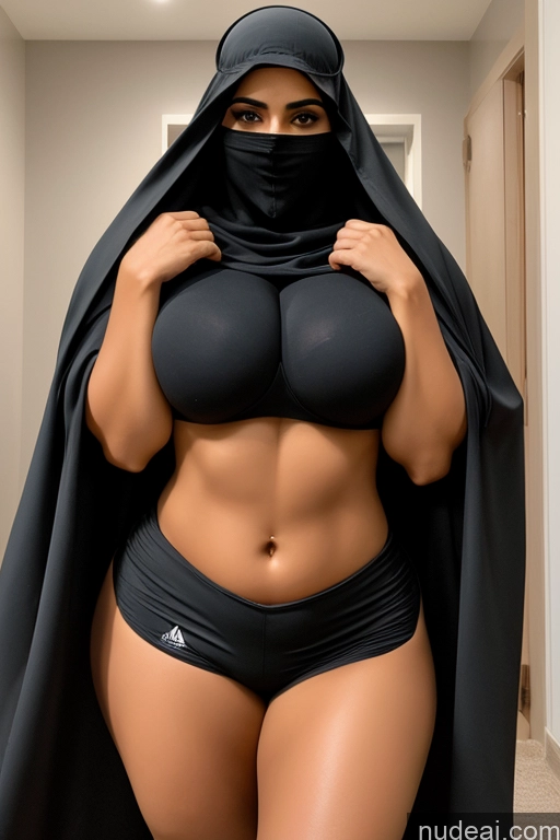 ai nude image of arafed woman in a black hijab and black underwear pics of Thick Huge Boobs Big Hips Big Ass Muscular Superhero Suit Arabic Niqab