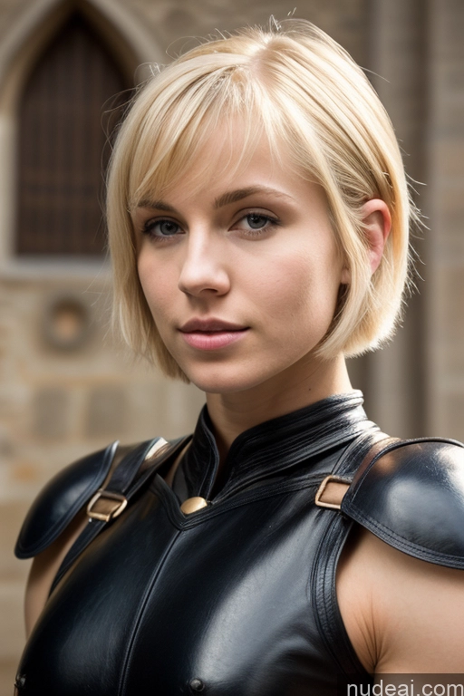 ai nude image of blond woman in black leather outfit posing for a picture pics of 18 Blonde Short Hair Medieval French Muscular Fairer Skin Leather