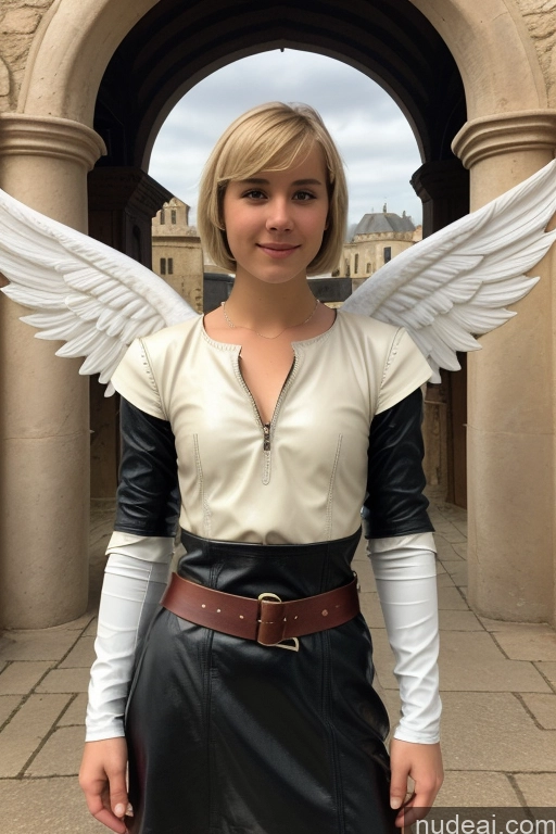 ai nude image of arafed woman in a leather skirt and white shirt with wings pics of 18 Blonde Short Hair Medieval French Leather Tunic Angel Athlete