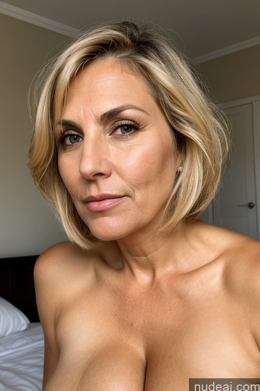 ai nude image of blond woman with big tits posing on bed in bedroom pics of Pubic Hair Busty Perfect Boobs Tall Thick Tanned Skin Milf Seductive Serious Shocked Nude Dominatrix Jewish 40s Close-up View Blonde Bobcut Bedroom Bending Over