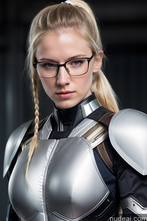 ai nude image of there is a woman in a futuristic suit with glasses on pics of Superhero Mech Suit Fairer Skin Blonde Serious Glasses Ponytail Skinny