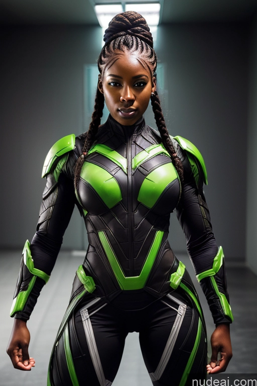 related ai porn images free for Superhero Mech Suit Muscular Braided Green Hair African