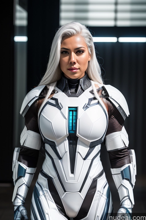 ai nude image of arafed woman in a futuristic suit standing in a dark room pics of Superhero Mech Suit Muscular Slicked White Hair Polynesian