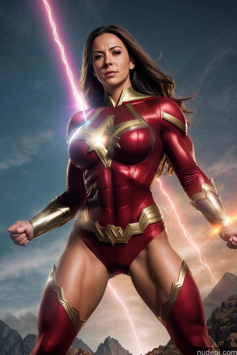 ai nude image of arafed woman in a red and gold costume standing in front of a mountain pics of Muscular Mary Thunderbolt Powering Up Neon Lights Clothes: Red Busty Small Tits Superhero Abs Superheroine Dynamic View Science Fiction Style