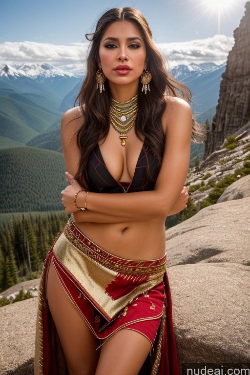 ai nude image of arafed woman in a red and gold outfit posing on a rock pics of Woman One Pubic Hair 40s Seductive Pouting Lips Beautiful Native American Jewelry Gold Jewelry Detailed Traditional Tribal Tunic Mountains