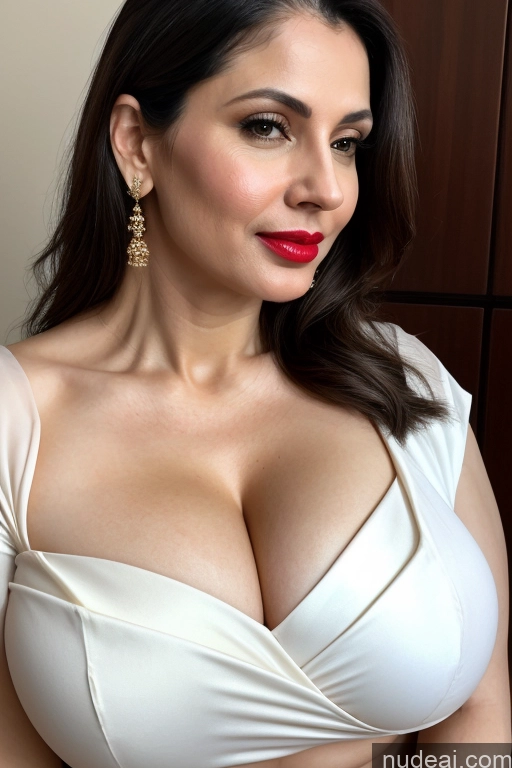 related ai porn images free for Woman One Huge Boobs Beautiful Lipstick Fairer Skin 40s Slicked White Simple Sari Cleavage Close-up View