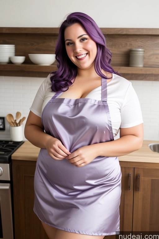 ai nude image of purple haired woman in a purple apron posing for a picture pics of Busty Beautiful Thick Chubby Fat 30s Happy Apron Nude Satin Purple Hair