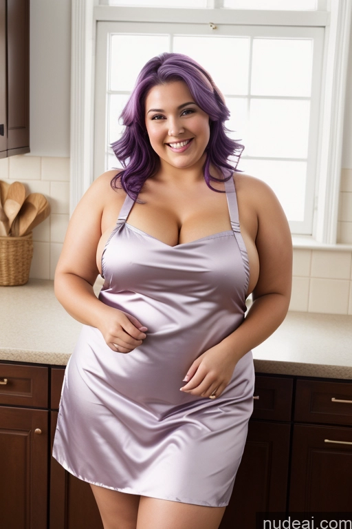 ai nude image of arafed woman in a purple dress posing in a kitchen pics of Busty Beautiful Thick Chubby Fat 30s Happy Apron Nude Satin Purple Hair Bikini