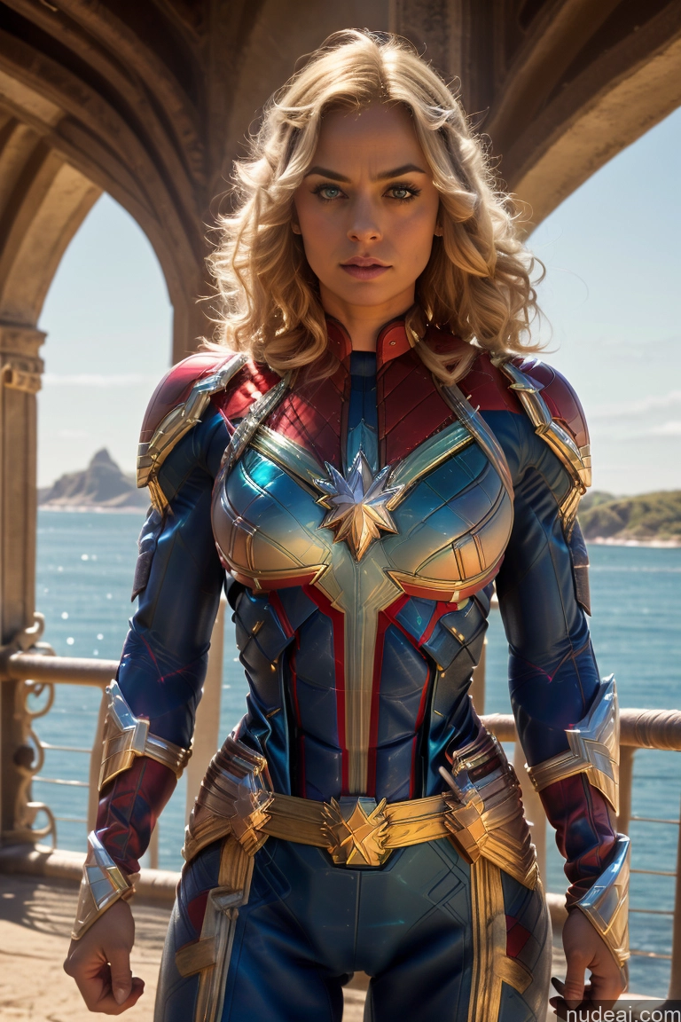 ai nude image of araffe woman in a captain marvel costume standing in front of a body of water pics of Fairy Busty Muscular Abs Bodybuilder Captain Marvel Deep Blue Eyes