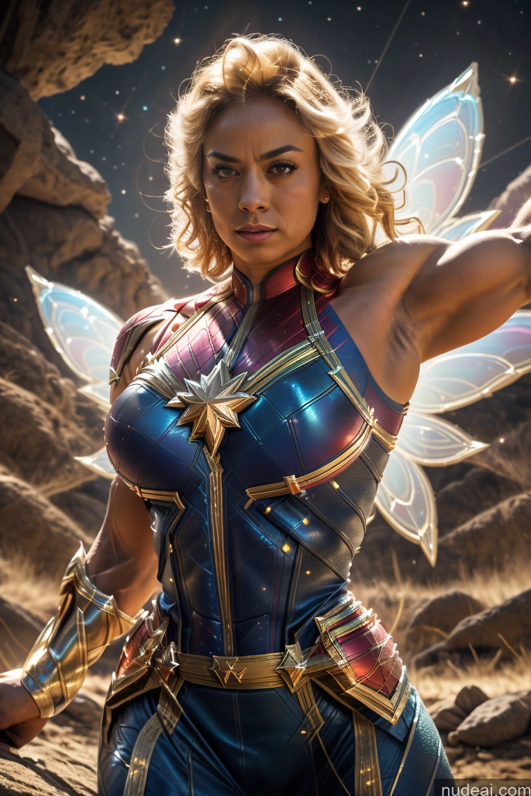 ai nude image of araffe woman in a costume with wings and a sword pics of Fairy Muscular Abs Bodybuilder Captain Marvel Powering Up Science Fiction Style Space Huge Boobs