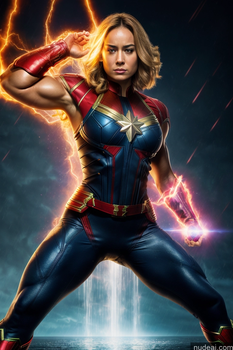 ai nude image of captain marvel is posing with lightning in the background pics of Bodybuilder Busty Perfect Boobs Muscular Abs Science Fiction Style Shower Dynamic View Heat Vision Powering Up Captain Marvel Chain Shackles