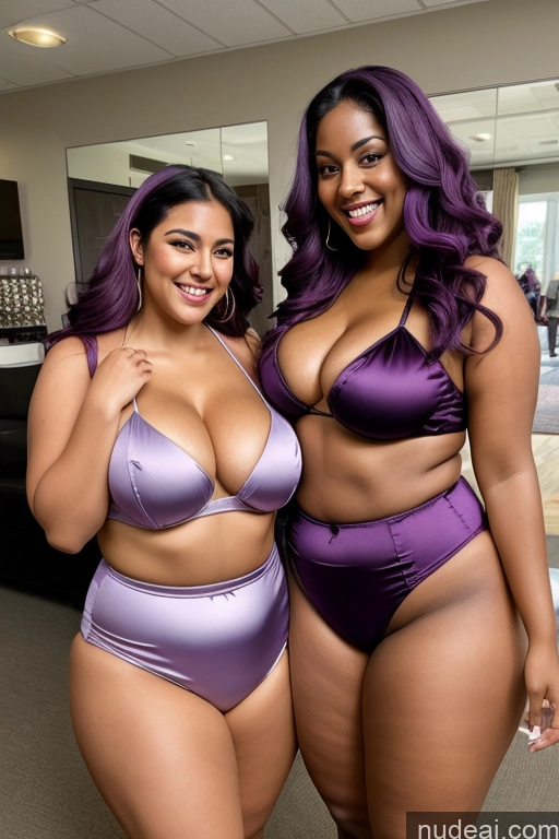 ai nude image of two women in purple swimsuits posing for a picture pics of Busty Beautiful Thick Chubby Fat 30s Happy Satin Purple Hair Bikini Hip Hop Alternative Detailed White Dark Skin Two