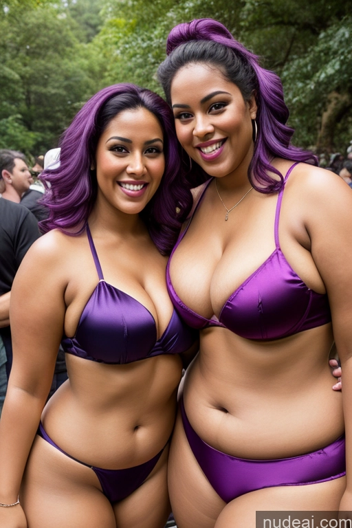 ai nude image of purple haired women in bikinis posing for a picture in a crowd pics of Busty Beautiful Thick Chubby Fat 30s Happy Satin Purple Hair Bikini Hip Hop Alternative Detailed White Dark Skin Two