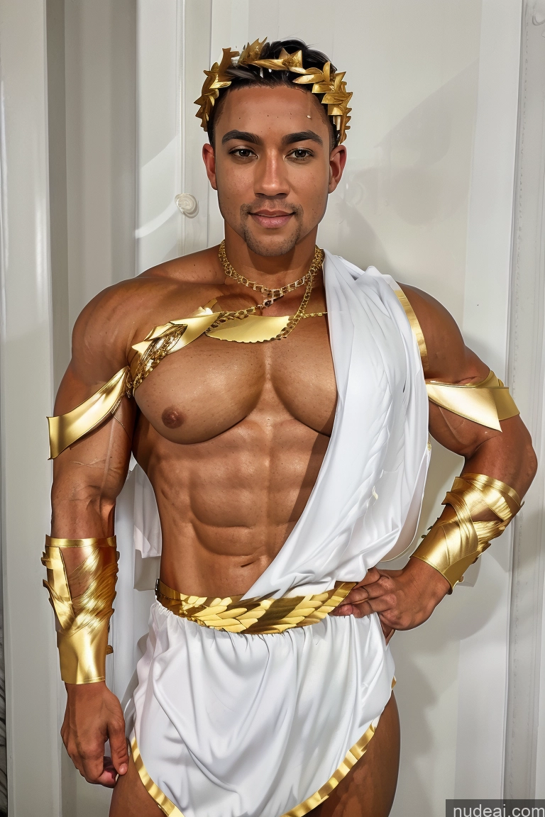 ai nude image of arafed man in a white and gold costume posing for a picture pics of Menstoga, White Robes, In White And Gold Costumem, Gold Headpiece, Gold Belt, Gold Chain Busty Muscular Front View Perfect Boobs