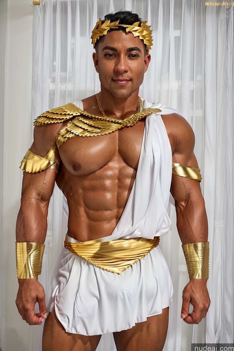 Menstoga, White Robes, In White And Gold Costumem, Gold Headpiece, Gold Belt, Gold Chain Muscular Front View Huge Boobs