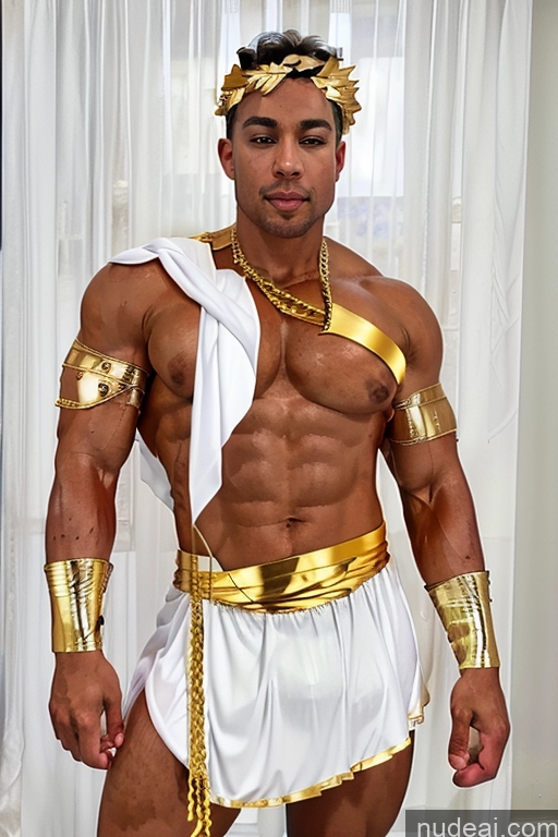 ai nude image of arafed man in a white and gold costume posing for a picture pics of Menstoga, White Robes, In White And Gold Costumem, Gold Headpiece, Gold Belt, Gold Chain Busty Muscular Front View