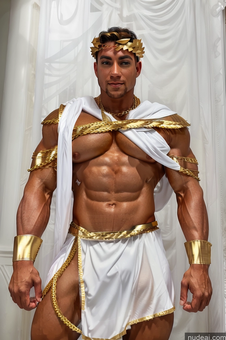 Menstoga, White Robes, In White And Gold Costumem, Gold Headpiece, Gold Belt, Gold Chain Muscular Front View Abs Huge Boobs Superheroine Ginger