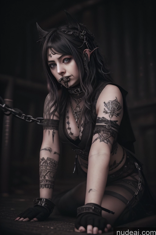 Woman One Womb Tattoos 逼真私密纹身 Gothic Punk Girl Warrior Princesses 18 Deep Blue Eyes Angry Black Hair Curly Hair Of Love White Dark_Fantasy_Style Hell Pet Play Garterbelt, Black Fabric, Floral Embroidery, Wearing The Garterbelt, Iron Chains Bondage Chain Shackles