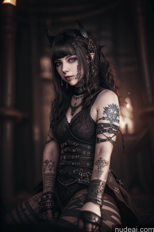 Woman One Womb Tattoos 逼真私密纹身 Gothic Punk Girl Warrior Princesses 18 Deep Blue Eyes Angry Black Hair Curly Hair Of Love White Dark_Fantasy_Style Hell Pet Play Garterbelt, Black Fabric, Floral Embroidery, Wearing The Garterbelt, Iron Chains Bondage Chain Shackles