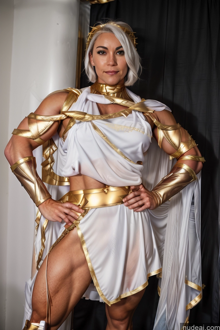 Huge Boobs Muscular Abs Menstoga, White Robes, In White And Gold Costumem, Gold Headpiece, Gold Belt, Gold Chain Fairer Skin Superhero Captain Marvel Bodybuilder Batwoman Hawkgirl Mary Thunderbolt Spider-Gwen Black Cat