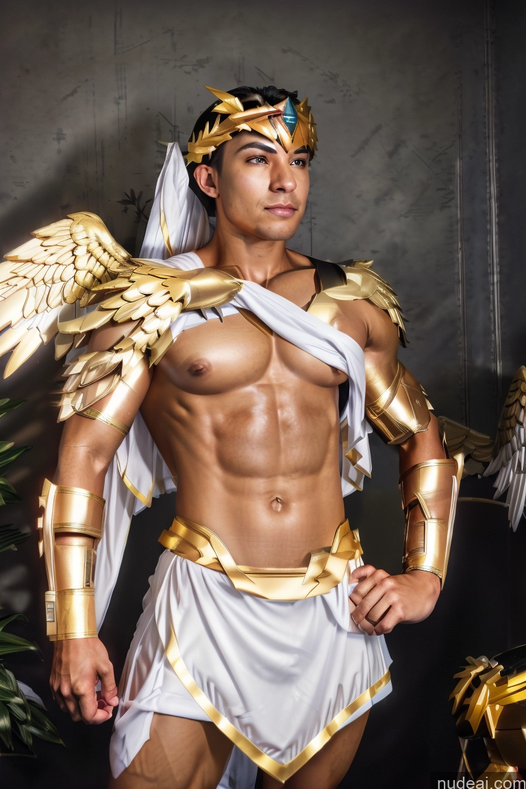 ai nude image of arafed male in a costume with wings and a gold headpiece pics of Muscular Abs Superhero Captain Marvel Batwoman Hawkgirl Mary Thunderbolt Spider-Gwen Busty Powering Up Power Rangers Captain Planet Superheroine SuperMecha: A-Mecha Musume A素体机娘 Menstoga, White Robes, In White And Gold Costumem, Gold Headpiece, Gold Belt, Gold Chain