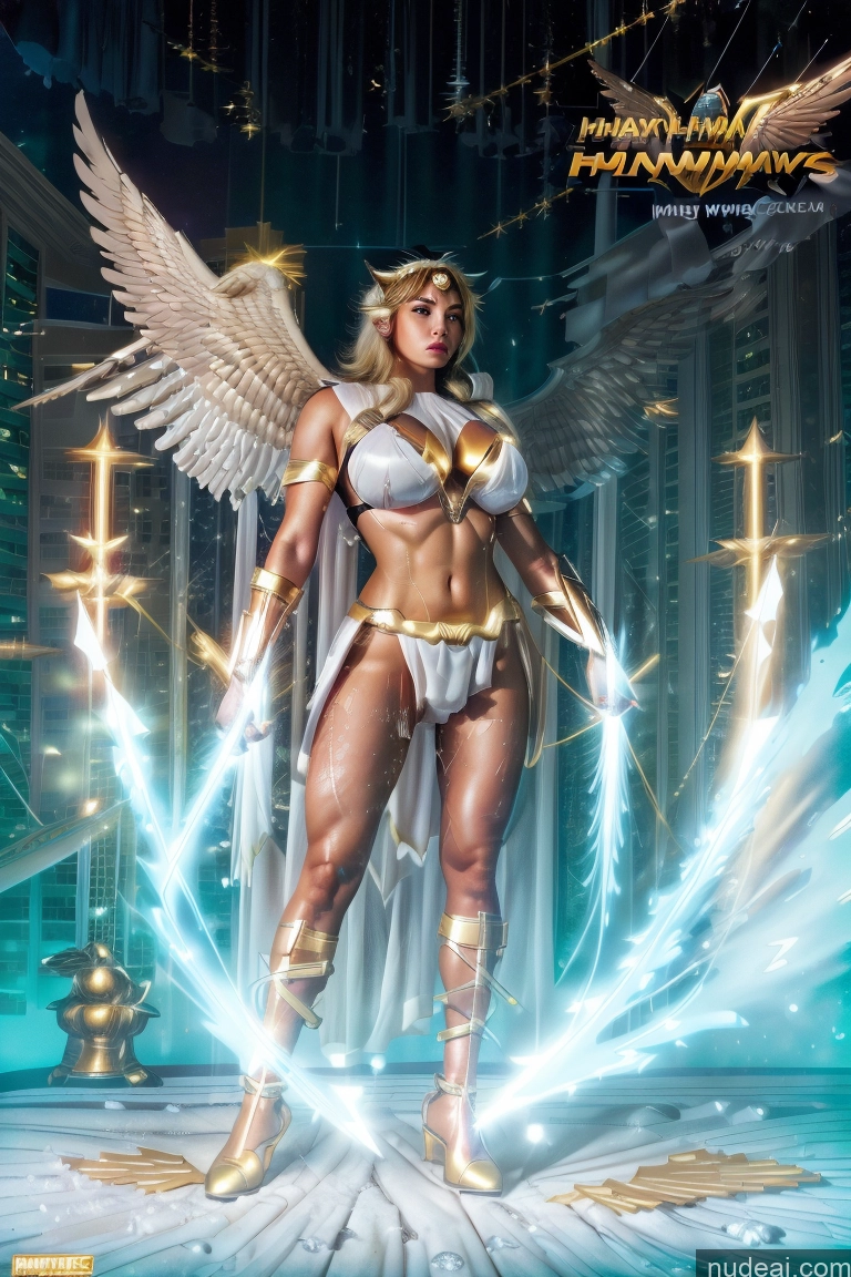 Muscular Abs Superhero Captain Marvel Batwoman Hawkgirl Mary Thunderbolt Spider-Gwen Busty Powering Up Power Rangers Captain Planet Superheroine SuperMecha: A-Mecha Musume A素体机娘 Menstoga, White Robes, In White And Gold Costumem, Gold Headpiece, Gold Belt, Gold Chain Huge Boobs Perfect Boobs Science Fiction Style Dynamic View Heat Vision Shower