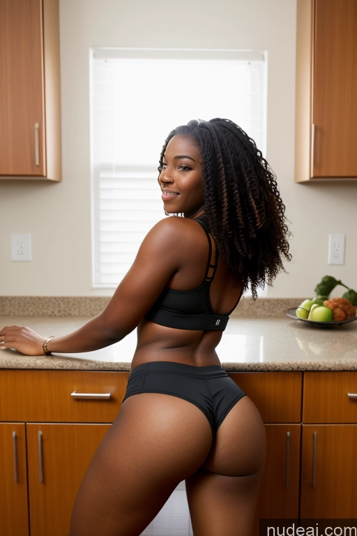 ai nude image of there is a woman in a black bikini posing in a kitchen pics of 18 African Big Hips Big Ass Short Shorts Sports Bra Kitchen Back View Athlete Spreading Legs