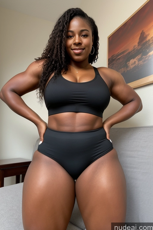 ai nude image of there is a woman in a black bikini posing for a picture pics of 18 African Big Hips Big Ass Short Shorts Sports Bra Back View Thick Couch Bending Over Muscular