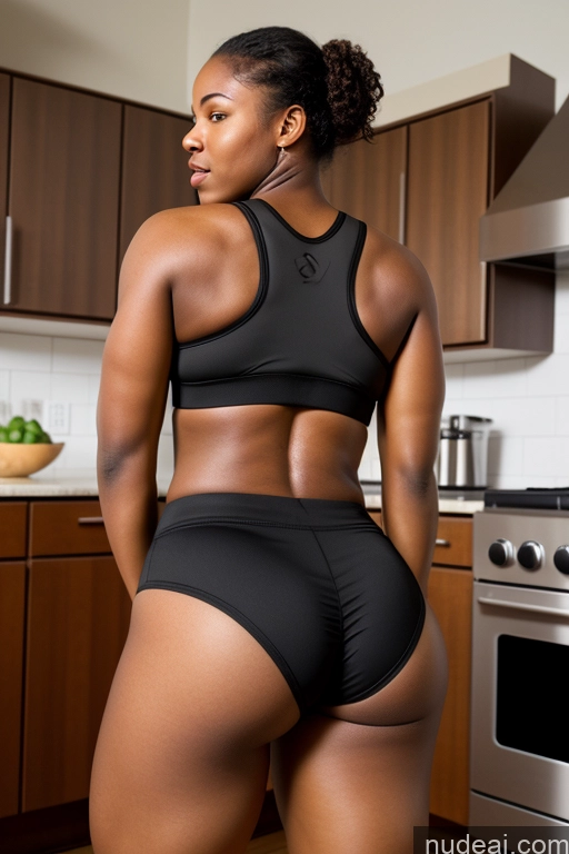 ai nude image of there is a woman in a black bikini and a black top pics of 18 African Big Hips Big Ass Short Shorts Sports Bra Back View Bending Over Muscular Kitchen