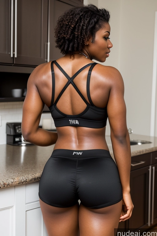 ai nude image of there is a woman in a black sports bra top and black shorts pics of 18 African Big Hips Big Ass Short Shorts Sports Bra Back View Bending Over Muscular Kitchen