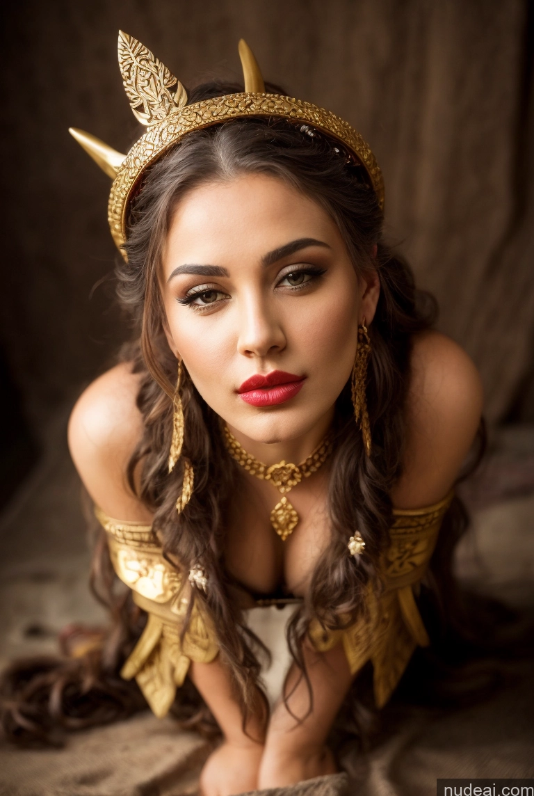 ai nude image of arafed woman wearing a gold crown and a white dress pics of Woman One Small Tits Beautiful Lipstick 40s Pouting Lips Seductive Medieval Tribal Tunic Viking Jewelry Gold Jewelry Detailed Front View Swedish