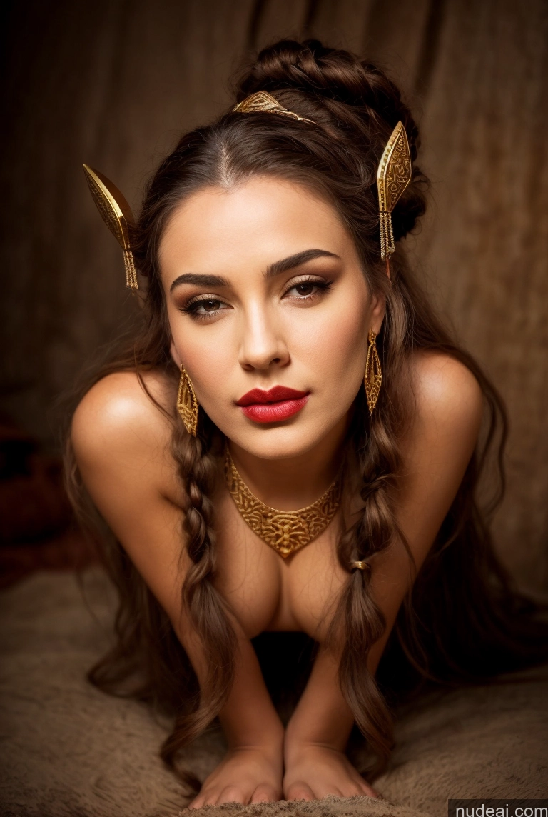 ai nude image of arafed woman with horns and a red lipstick laying on a bed pics of Woman One Small Tits Beautiful Lipstick 40s Pouting Lips Seductive Medieval Tribal Tunic Viking Jewelry Gold Jewelry Detailed Front View Swedish