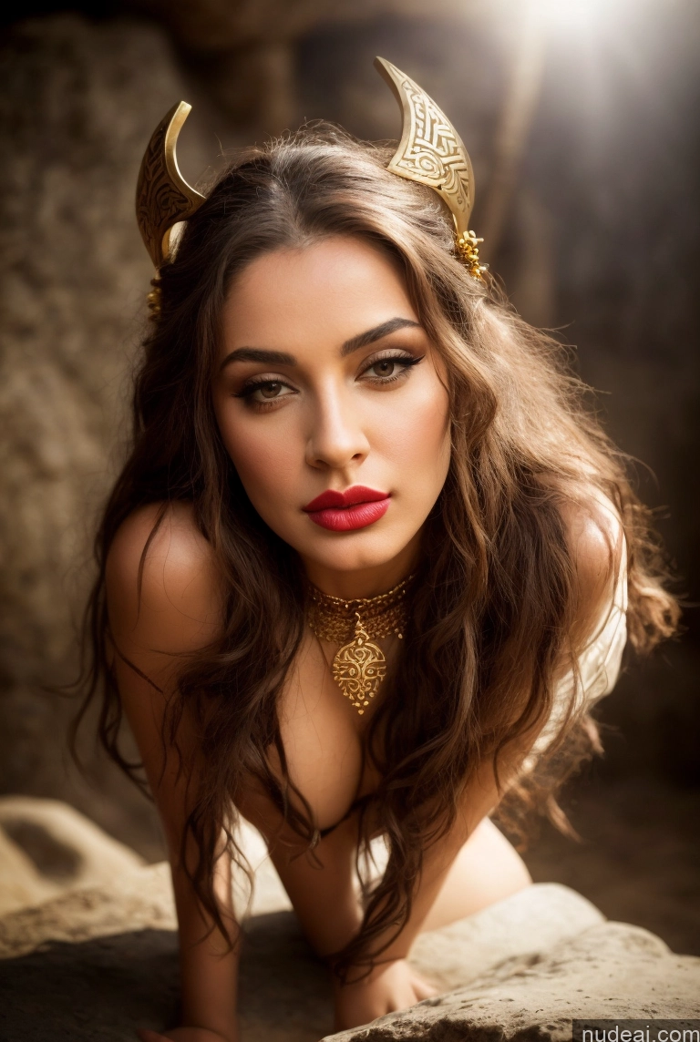 ai nude image of arafed woman with horns and a gold choke posing for a picture pics of Woman One Small Tits Beautiful Lipstick 40s Pouting Lips Seductive Medieval Tribal Tunic Viking Jewelry Gold Jewelry Detailed Front View Swedish