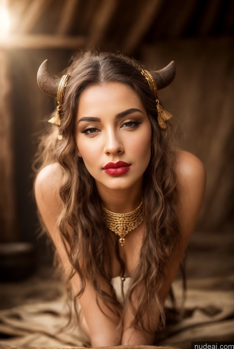 ai nude image of arafed woman with horns and a gold choke laying on a bed pics of Woman One Small Tits Beautiful Lipstick 40s Pouting Lips Seductive Medieval Tribal Tunic Viking Jewelry Gold Jewelry Detailed Front View Swedish