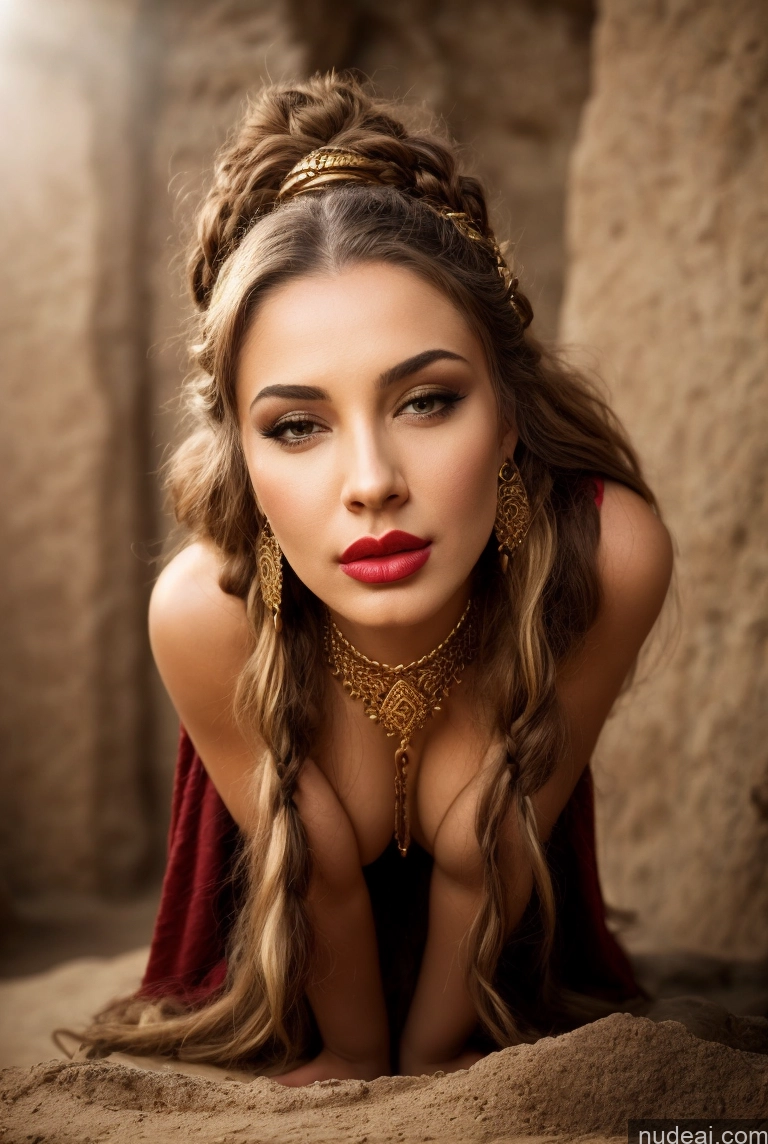 ai nude image of arafed woman with a red dress and a gold necklace laying on a rock pics of Woman One Small Tits Beautiful Lipstick 40s Pouting Lips Seductive Medieval Tribal Tunic Viking Jewelry Gold Jewelry Detailed Front View Swedish