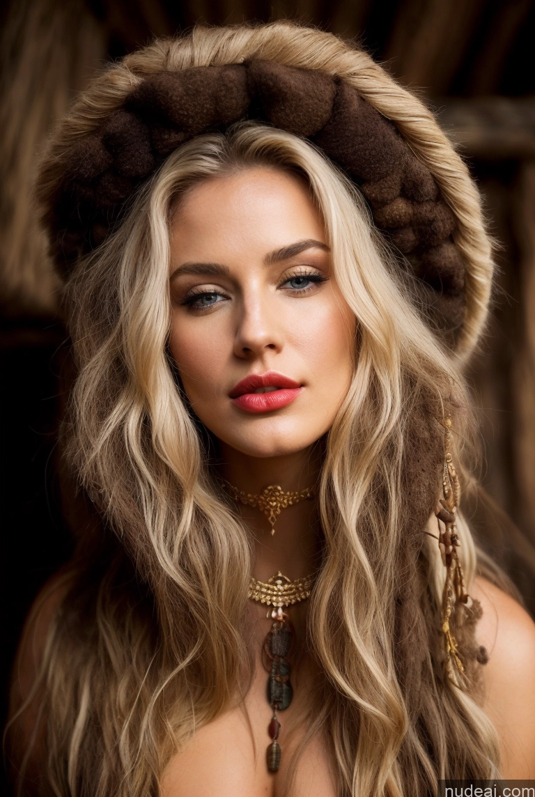 ai nude image of arafed woman with long hair wearing a fur hat and necklace pics of Woman One Small Tits Beautiful Lipstick 40s Pouting Lips Seductive Medieval Tribal Tunic Viking Jewelry Gold Jewelry Detailed Front View Scandinavian