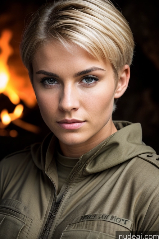 ai nude image of blond woman in military jacket looking at camera with fire in background pics of 18 Blonde French Medieval Pixie Muscular Thick Serious Hell Military