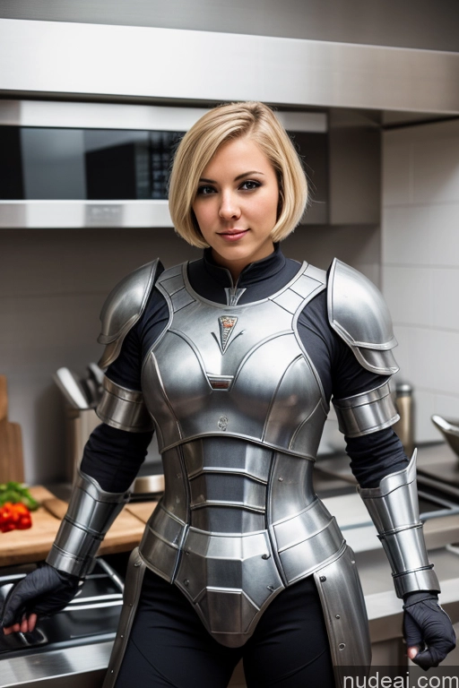 ai nude image of blond woman in a silver suit standing in a kitchen pics of 18 Blonde Short Hair Muscular Thick Fantasy Armor Sci-fi Armor Mech Suit Medieval Cooking Kitchen