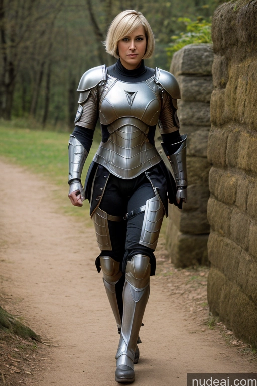 ai nude image of arafed woman in armor walking down a path in a wooded area pics of Blonde Muscular Thick Fantasy Armor Sci-fi Armor Mech Suit Medieval Short Hair 30s