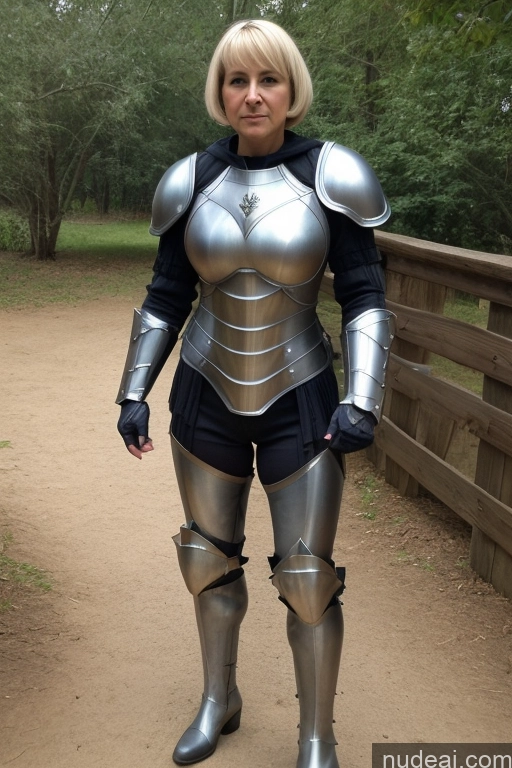 ai nude image of arafed woman in armor standing on a path in a wooded area pics of Blonde Muscular Thick Fantasy Armor Sci-fi Armor Mech Suit Medieval Short Hair 80s